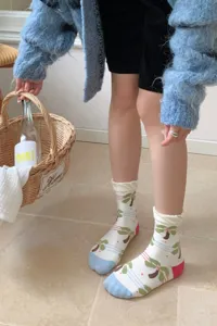 Korean style color-block plant patterned mid-tube cotton socks, cute floral design for women.