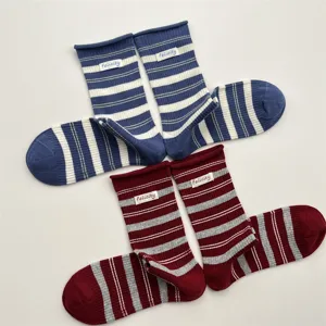 Korean style vintage rolled cuff striped mid-calf socks for women autumn winter cotton socks