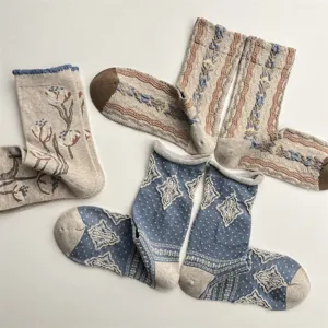 Details view of retro autumn winter cotton socks with floral and geometric vintage patterns.