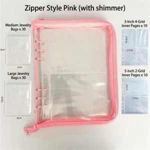 Carpeta clasificador A5 con purpurina rosa para photocards con cremallera y bolsillos.
