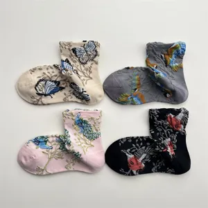 Women Literary Retro Botanical Floral Animal Embroidered Cotton Mid Tube Socks Autumn Winter Casual Crew Socks