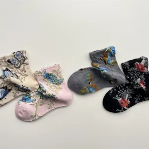 Vintage 3D embroidered floral animal cotton mid tube socks for women, retro style