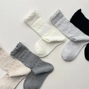 Detailed shot of solid color cute ruffle mesh breathable mid-calf cotton socks set
