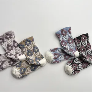 Retro floral relief mid-tube cotton socks, Japanese style autumn winter women socks.