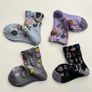 Cute 3D fruit vegetable embroidered mid tube cotton socks for women, trendy colorful design.