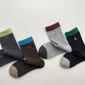 Korean color-block striped mid-calf socks for women, autumn winter cotton socks with metal buckle.
