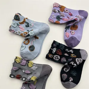 Detailed view of 3D fruit vegetable novelty crew socks in diverse colors for autumn and winter.
