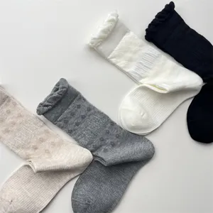 Detail view of breathable mesh slouchy socks featuring bubble lace cuffs in solid colors.