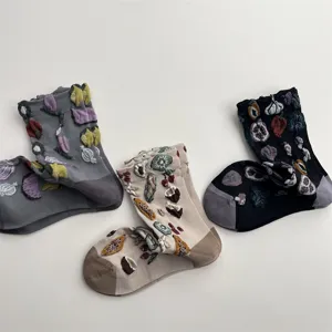 Autumn winter fun fruit vegetable embossed socks women niche color blocked mid calf cotton socks
