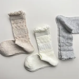 Detailed view of spring breathable mesh slouch socks with cute bubble lace trim design.