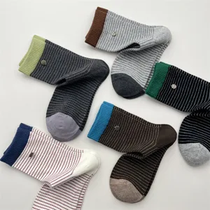 Korean style contrast striped mid-calf cotton socks with metal buckle detail for autumn winter.