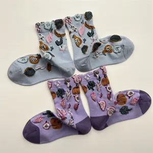 Cute fruit vegetable embroidered mid tube socks for women, trendy cotton casual socks.
