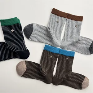 Korean style contrast color striped women mid-calf socks with metal buckle detail cotton socks.