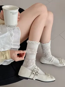 Spring summer breathable mesh frill stack socks solid color versatile mid tube cotton socks