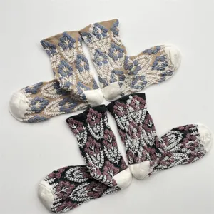 Women vintage floral knit mid tube socks retro botanical relief pattern breathable cotton