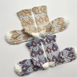 Women vintage botanical relief crew socks cotton breathable Japanese floral mid tube socks