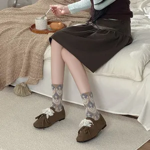 Retro vintage floral mid-calf socks for women, breathable cotton autumn winter botanical hosiery.