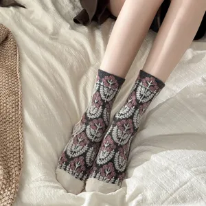 Retro floral relief mid-tube socks for women, cozy cotton daily wear, vintage botanical design.