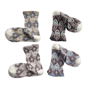 Vintage floral knit mid-tube socks for women, retro botanical embossed cotton breathable casual socks.