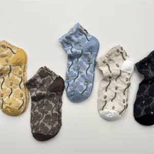 Womens vintage 3d floral low cut ankle socks cute spring breathable cotton socks