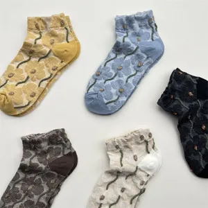 Detailed view of vintage 3D embossed floral low-cut cotton socks, breathable and stylish spring wear.