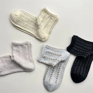 Detail view of Japanese vintage mesh short socks for women, breathable striped socks.