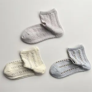 Breathable mesh vertical stripe knit short socks detail, cool summer style footwear.