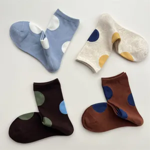 Cute colorful polka dot mid-calf socks for women, trendy Japanese style cotton knit hosiery.