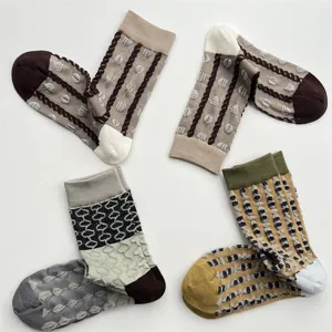 Stylish 3D embossed geometric pattern women's mid-tube cotton socks for autumn and winter.