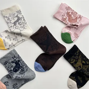 Vintage animal pattern mid-calf cotton socks, retro plant and flower design for women.