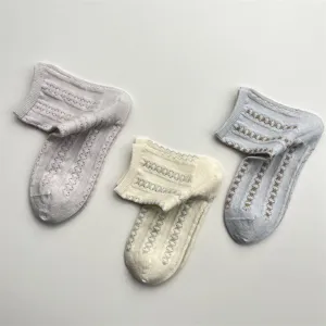 Close-up detail of Japanese vintage cooling yarn vertical striped breathable mesh short socks.