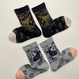 retro floral animal pattern mid tube cotton socks detail view close up winter socks
