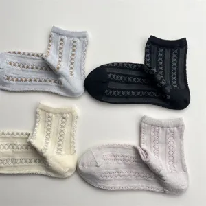 Detail view of Japanese retro cooling yarn vertical stripe mesh short socks in various colors.