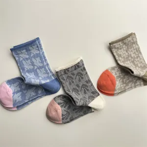 Japanese vintage color block geometric cotton socks detailed view, spring summer breathable crew socks