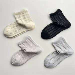Retro cooling mesh short socks for women, breathable vertical stripe design, 4 colors.