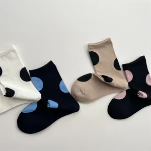 Cute Japanese polka dot mid-calf socks for women, versatile colorful big dots cotton socks.