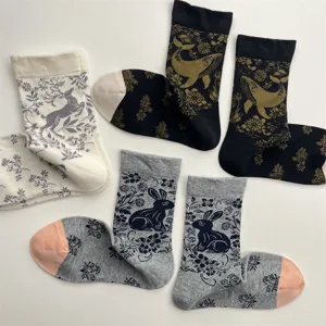 Retro literary floral animal pattern cotton mid-tube socks, detail view of cozy cute socks.