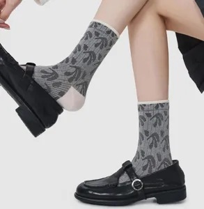 Retro geometric pattern women mid-tube socks detail shot, spring summer stylish cotton socks.