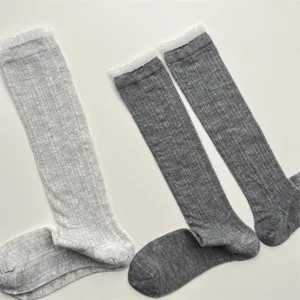 Detailed view of women solid color silk lace calf socks, featuring breathable ribbed knit.