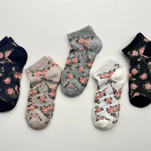 Women's spring summer breathable mesh rose floral short socks, Japanese literary cotton hollow style.