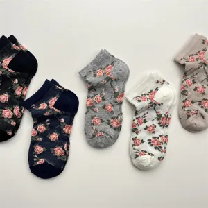 Women's breathable mesh cotton short socks featuring vintage rose floral print for spring.