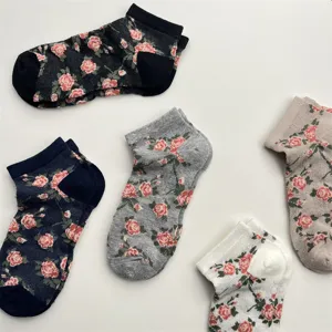 Women breathable mesh short socks with vintage rose floral pattern, comfortable cotton.