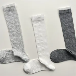 Women ruffle trim mid-calf socks solid color thin breathable ribbed casual cute hosiery