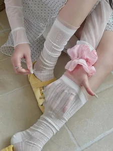 Spring summer thin breathable mesh lace mid-calf socks for women, stylish cute white casual socks.
