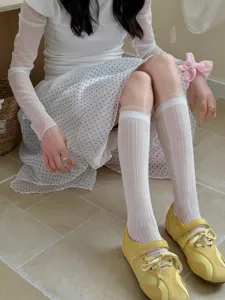 Sheer mesh lace calf socks for women, breathable summer solid color thin slouch stockings.