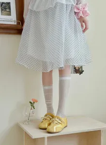 Sheer mesh thin mid-calf socks for women, breathable summer slouch socks with delicate lace trim.
