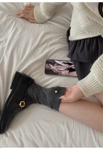 Dames donkergrijze geribbelde middelhoge sokken met parel schattige katoenen stijl herfst