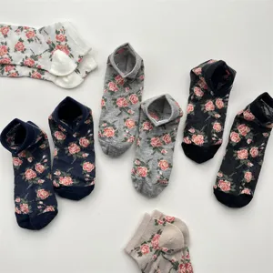 Women breathable mesh floral short socks Japanese vintage rose cotton low cut ankle socks