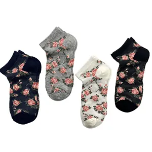 Women's vintage floral mesh short socks, breathable cotton spring ankle socks set.