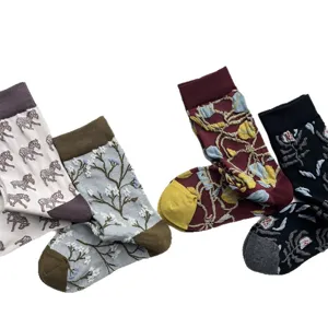 Chaussettes mi-mollet en coton automne hiver rétro cheval dessin animé fleurs femme